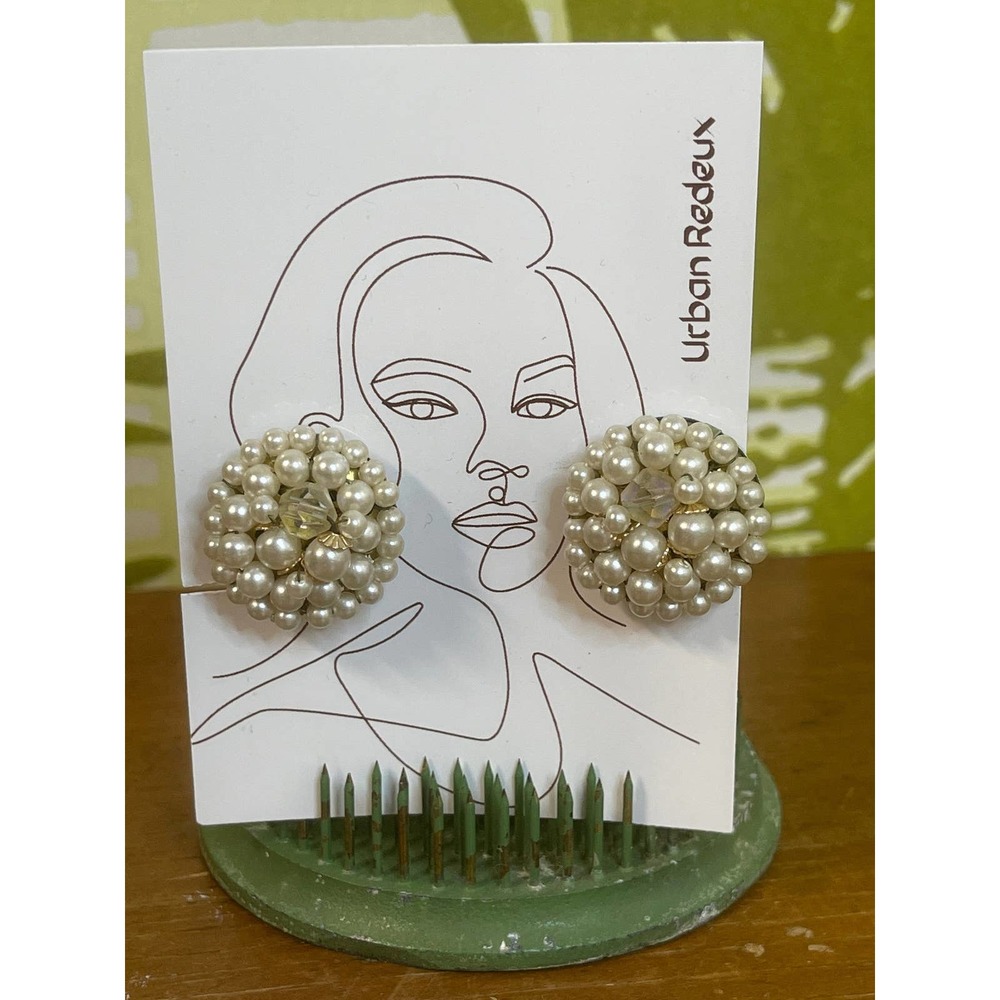 Vintage Pearl Beaded Cluster Clip-On Non-pierced Earrings